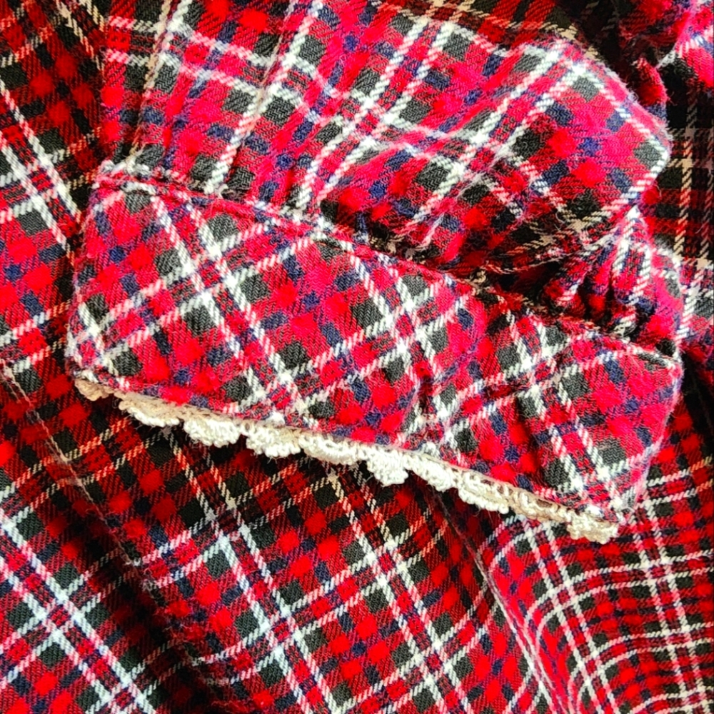 Women's Vintage Sears Roebuck Red Flannel Plaid Nightgown Velvet Lace Grannycore - Picture 4 of 4